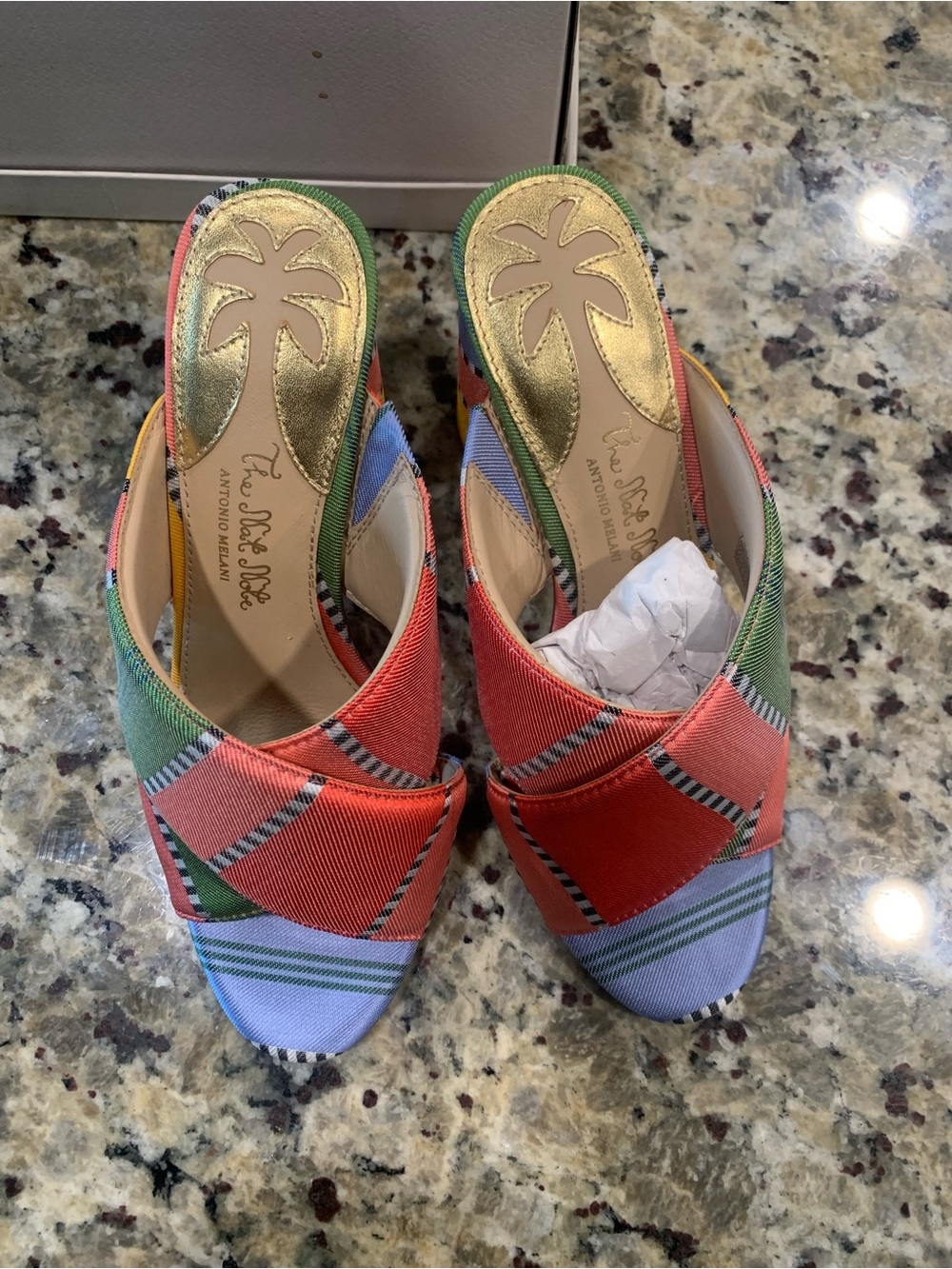 ANTONIO MELANI Multicolor Striped Fabric Block Heel Mules - Picture 3 of 5